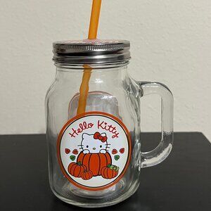 Hello Kitty Fall Glass Mason Jar 210z With Handle Drink Glass With Straw New